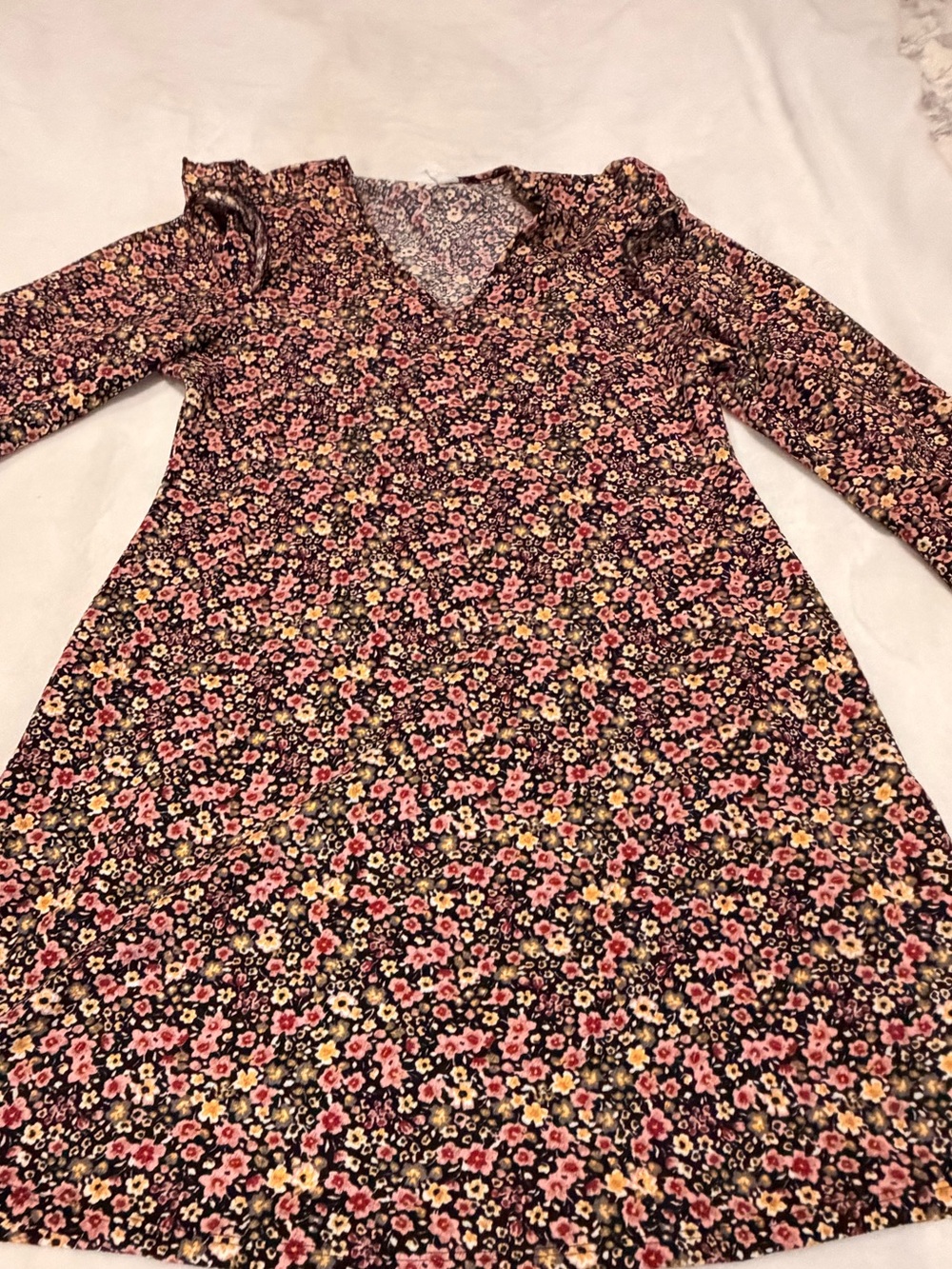 Primark Black Floral V-Neck Long Sleeve Casual Dress with Pink & Yellow Flowers